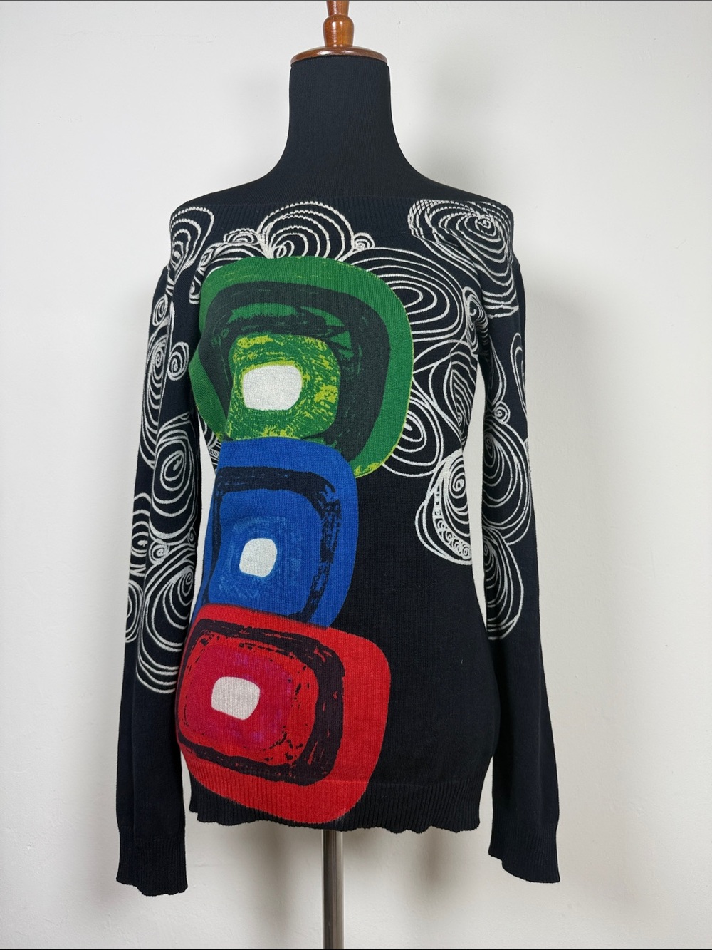 Desigual Black Sweater with Green Blue and Red Graphic Circles M